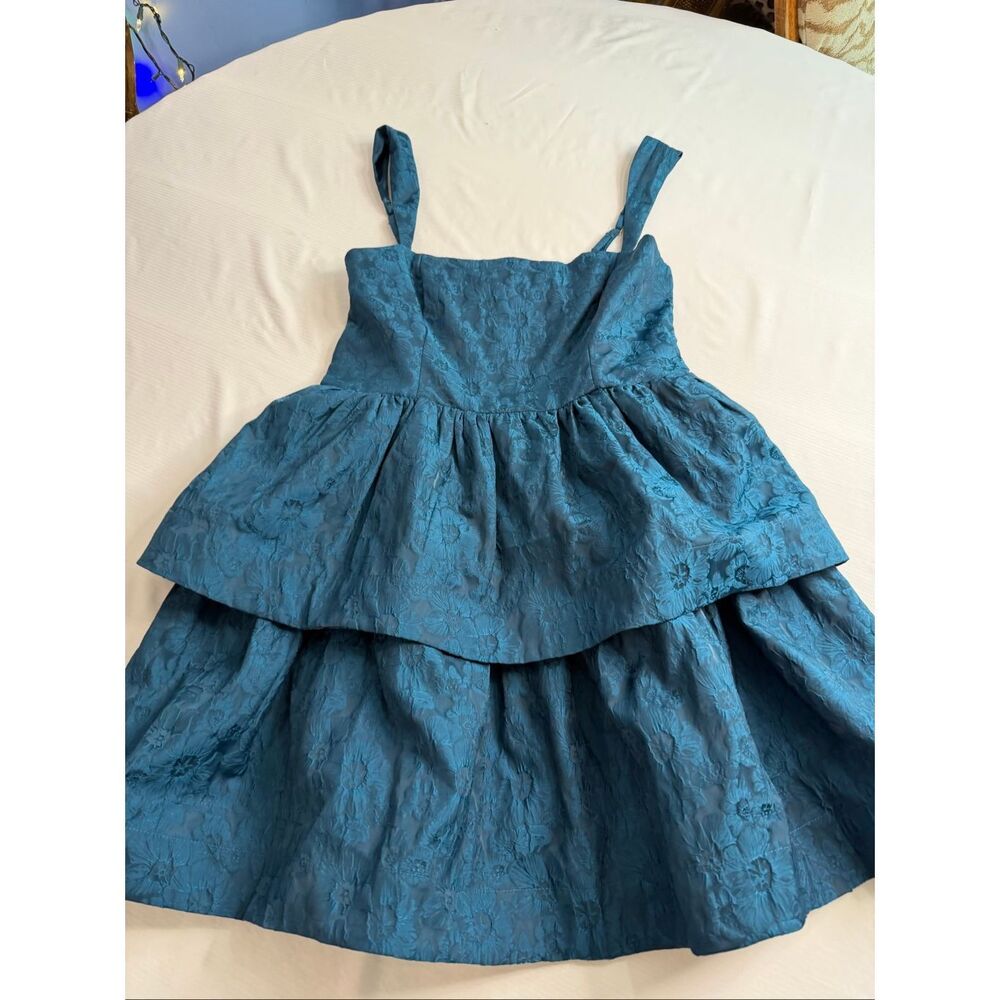 Georgie Blue Floral Jacquard Tiered Mini Dress Size Large Party Cocktail